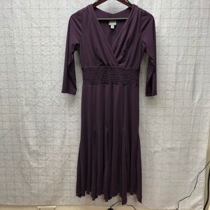 Purple color faux wrap plunge bodice dress